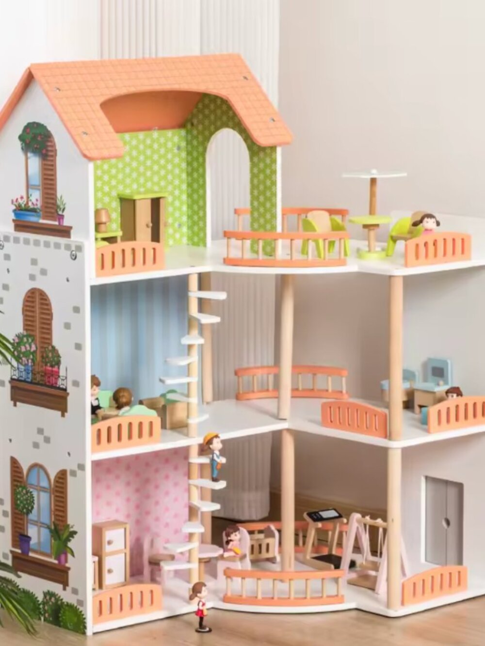 Wooden Dollhouse Playset, 3-Story Montessori Pretend Play Toy - Picture 4 of 16